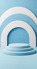 Tiered blue podiums with textured background and white arched elements