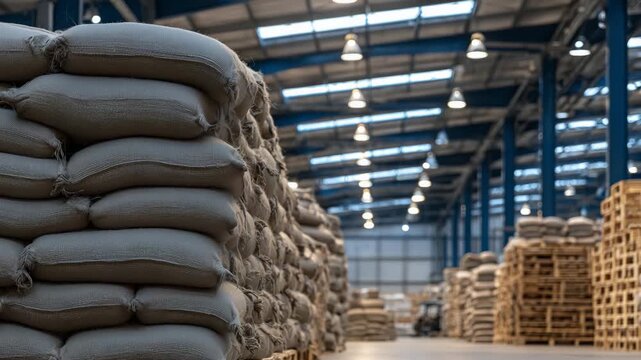 Industrial warehouse scene with rows of rice sacks, high ceilings with soft light filtering in, neatly piled and ready for distribution
