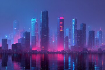 Fototapeta premium Futuristic neon city skyline reflected on water at night