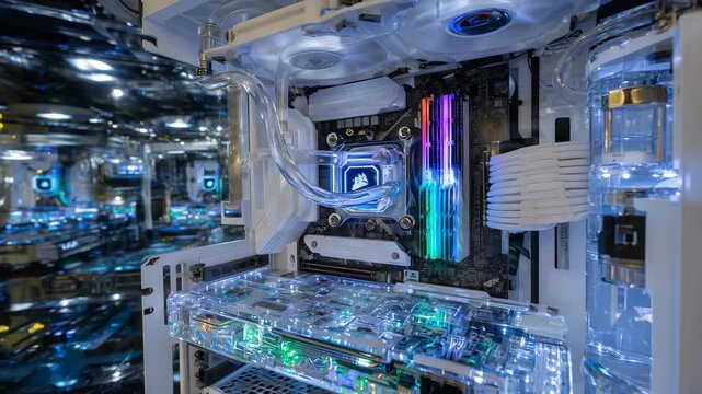 Inside a futuristic computer tower where a GPU emits pulsing RGB light through transparent coolant tubes