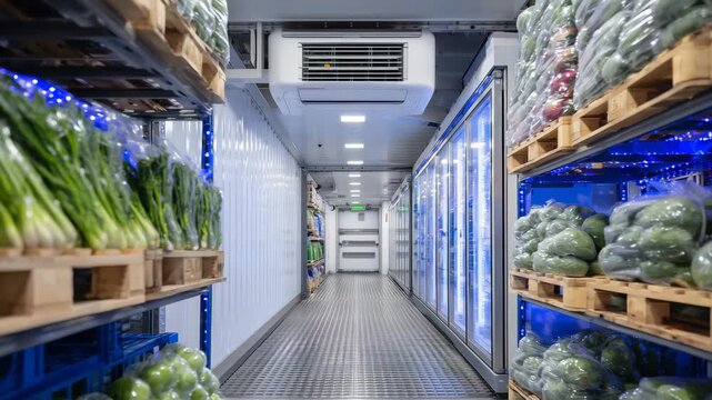 Interior of a large refrigerated chamber with neatly stacked crates of fruits and vegetables, cool blue lighting highlighting the cold storage environment