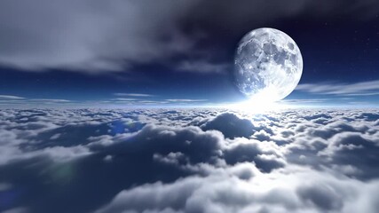 A majestic full moon rises above clouds, casting a gentle glow on a celestial canvas, capturing the serene concept of beauty, perfect for conveying feelings of serenity and calmness in visual.