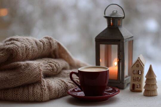 Warm beverage rests beside cozy knitwear and illuminated lantern near a frosted window view
