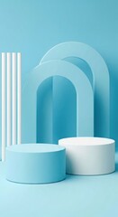 Minimalist blue and white podiums with abstract geometric shapes and vertical lines