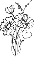 Black linear illustration of a flower bouquet