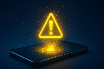 Futuristic Digital Warning Sign on Smartphone Symbolizing Cyber Security