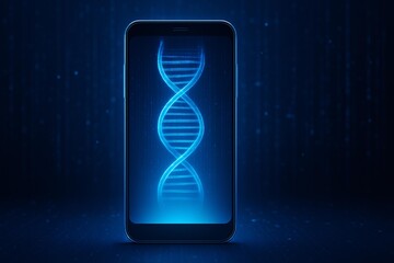 Futuristic Mobile Technology Concept with DNA Hologram Highlighting Cybersecurity
