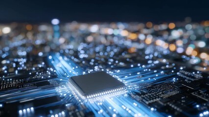 Macro shot of a high-performance AI chip, neon-lit circuitry and flowing data streams, abstract network of energy trading nodes glowing in the background - Powered by Adobe