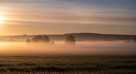 Morning Fog Floating Over Green Forest Hills 