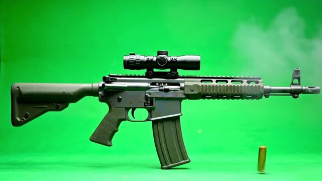 A rifle with a scope and magazine against a vibrant green background in a studio setting