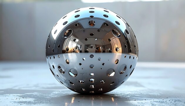 Shiny metal sphere with evenly spaced holes reflects a warm room, on a mottled grey surface