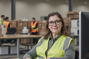 Portrait of middle aged Caucasian woman wearing glasses sitting at desk in warehouse, smiling confidently at camera while workers in safety vests organizing boxes in background