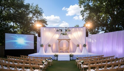 Elegant outdoor wedding ceremony with a beautifully decorated stage, white draping, and guest seating.