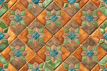 Ceramic Floor Tiles Pattern Design with Geometric Ornament Background for Interiors and Wall Decoration with Star Shape with Blue Teal and Green Color Exactly 200 Characters