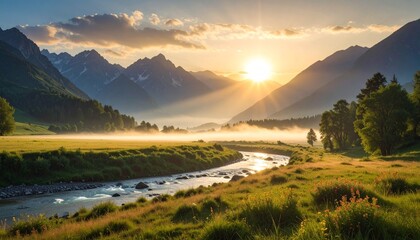Majestic mountains illuminated by morning sun with flowing rivers and light mist