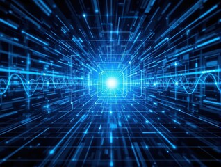 Futuristic Digital Data Stream with Neon Blue Light and Abstract Geometric Patterns in Motion