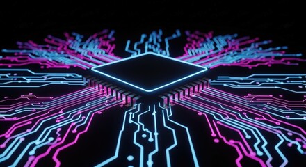 Futuristic microprocessor with glowing neon circuit board pathways