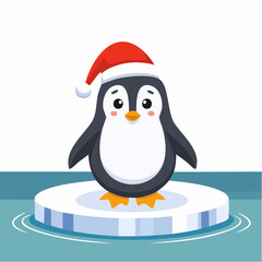 Fototapeta premium Cute cartoon penguin wearing a Santa hat, standing on an ice floe in water, perfect for holiday illustrations and winter themes