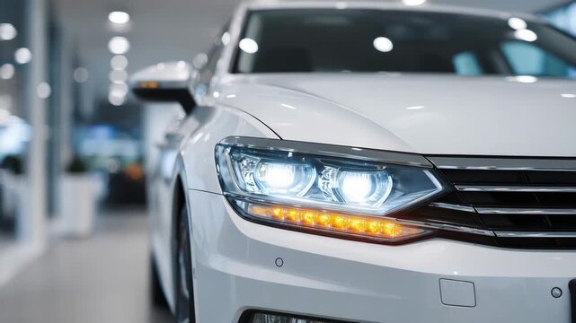 Modern car headlight illuminated with crisp white light and vibrant orange indicators, lens details and reflections highlighted on a clean white backdrop