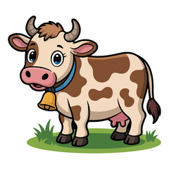 A cute cartoon cow, adorned with spots and a bell, standing in a field of grass. The cow exudes a friendly and cheerful vibe.