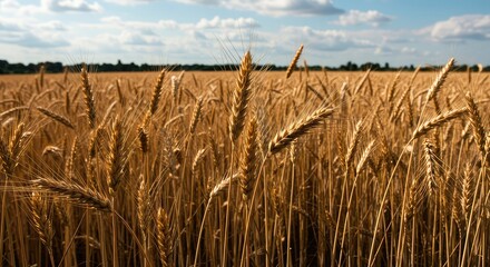 Golden ears of ripe wheat densely packed in a vast summer field under a bright sky, symbolizing agricultural success and bountiful harvest ,natural ,flourishing ,sustainable