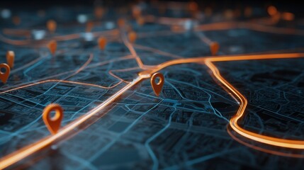 Digital city map with glow lines indicating path. Navigation and location tracking concept. Modern transport and logistics planning.