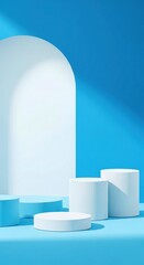 Minimalist blue and white podiums with arched backdrop and soft shadows