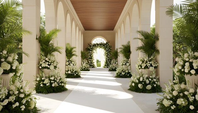 An elegant outdoor wedding aisle decorated with lush white floral arrangements and palm fronds. - Powered by Adobe