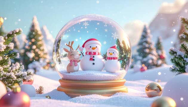 Delightful snowglobe scene featuring snowman and reindeer friends in a winter wonderland, radiating holiday joy and festive cheer for greeting cards
