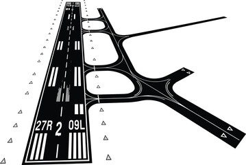 Black and white airport runway markings and taxiways, airport, runway, taxiway, aviation, air traffic control, navigation, markings, lines, black and white, graphic, illustration, aerial view, overhea
