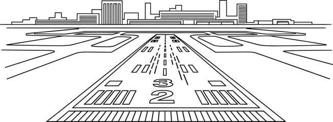 Black and white airport runway with city skyline airplane, airport, runway, airplane, aviation, travel, transportation, city, skyline, buildings, architecture, perspective, lines, graphic, drawing, il