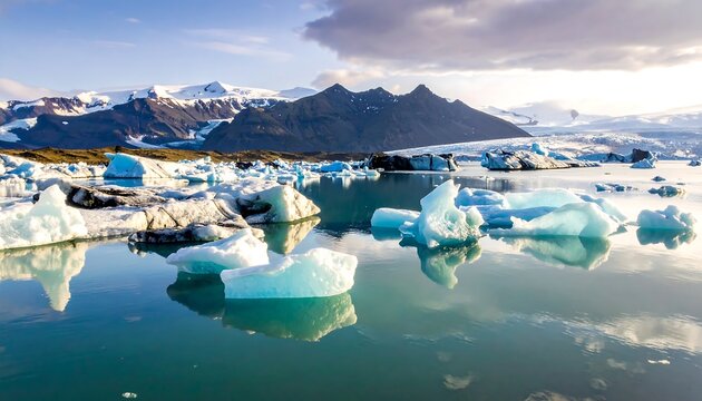 Serene glacial lagoon filled with icebergs reflects mountains under a bright sky, creating a tranquil landscape