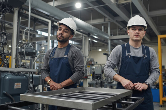 Two young adult men, one Black and one Caucasian, standing side by side in industrial factory setting, wearing hard hats and work overalls, looking confidently at camera