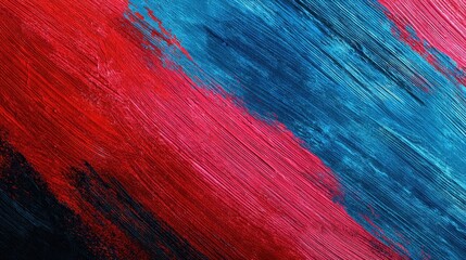 Abstract background with diagonal red and blue brushstrokes. Textured paint pattern with vibrant color contrast, artistic design concept.
