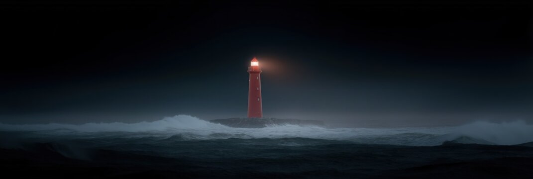 Solitary red lighthouse amidst stormy ocean waves at night