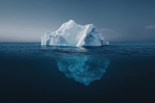 Majestic iceberg reflection in calm arctic waters under cloudy sky