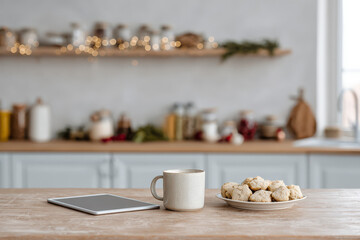 modern kitchen adorned for christmas featuring ar recipes for festive dishes and classic holiday drinks