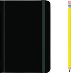 Black notebook and yellow pencil isolated on a clean white background