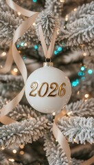 Elegant 2026 Christmas ornament on frosted tree with ribbon
