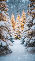Magical snowy forest path with glowing Christmas lights

