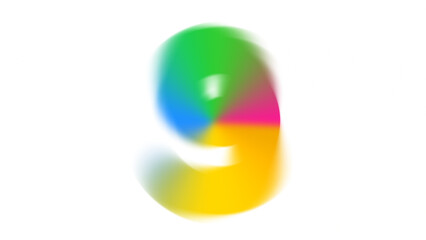 A vibrant, blurry number nine (9) in rainbow colors on a transparent background.