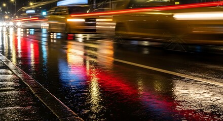 Nighttime City Street with Moving Cars and Light Trails on Wet Road Surface