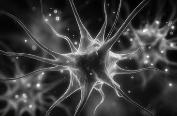 Detailed view of interconnected neural cells with intricate branching structures and delicate textures forming a complex organic network in a soft atmospheric environment highlighting microscopic biol