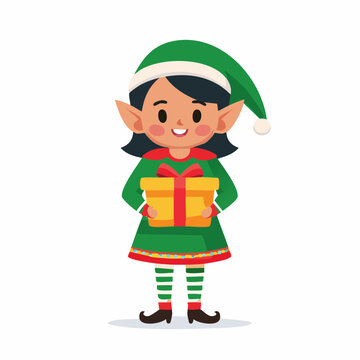 Cute Christmas Elf Holding a Gift Box, Festive Holiday Character Illustration