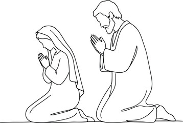 Couple kneeling and praying illustration in minimalist black line style