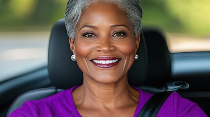 Smiling senior woman embraces the joy of driving in her car, capturing a moment of happiness and freedom during a sunny day