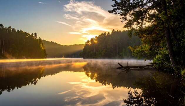 Scenic lake sunrise. Mist hangs above calm water reflecting sky with forests on shores, serene & peaceful vibe