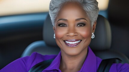 Senior woman enjoying a joyful drive in her car with a radiant smile while wearing a seat belt