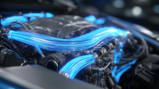 Stylized 3D concept art of engine cooling process, coolant glow traveling through fluid lines and metallic connectors, perfect for auto tech presentations