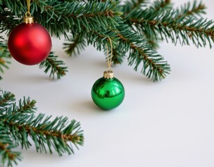 Colorful Christmas Ornaments Hanging on Green Pine Tree Branch Against White Background